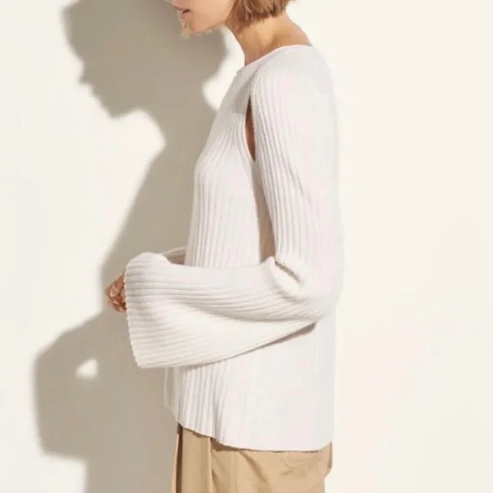 Vince 100% Cashmere Shoulder Slit Ribbed Knit Flare Sleeve Sweater Boho Cream XS